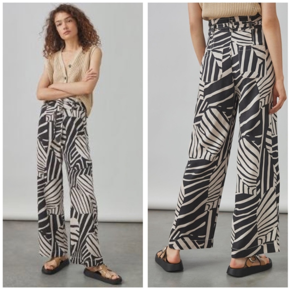 Anthropologie Wide Leg High Rise Belted Trouser Pants Black Cream Print 4 27